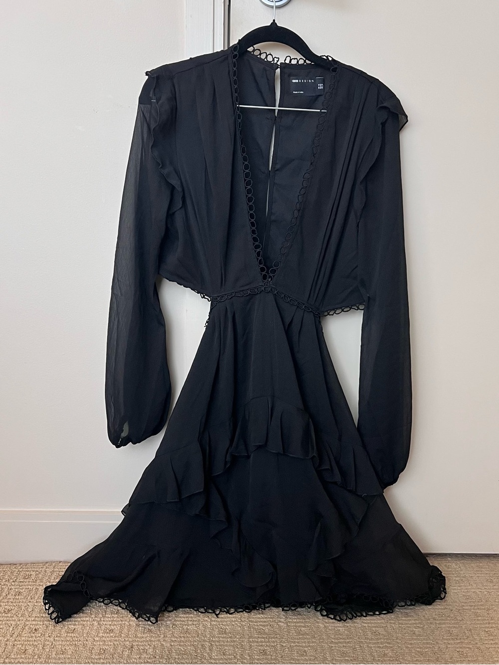 ASOS Black Long-Sleeve V-Neck Ruffle Mini Dress
